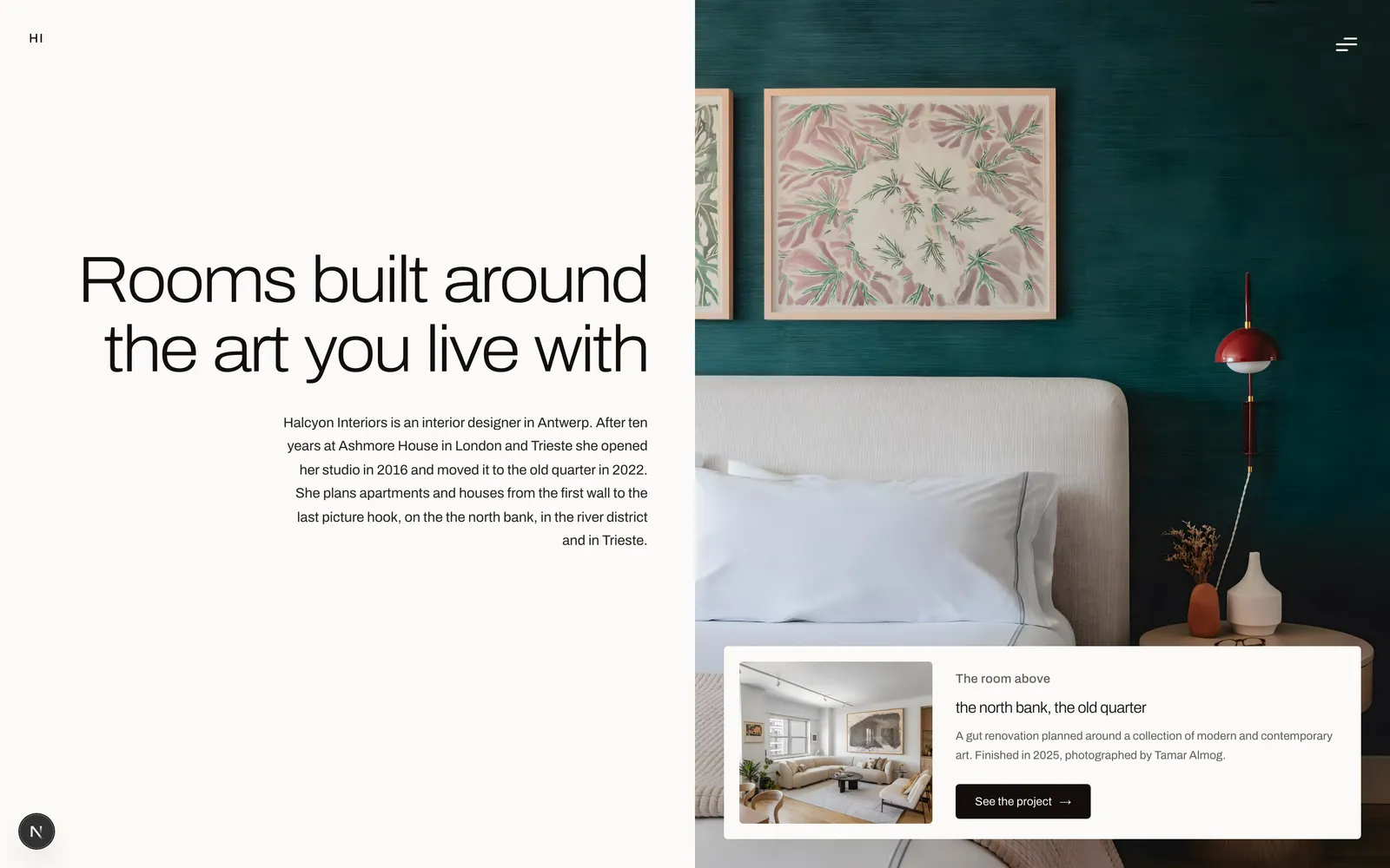 Halcyon Interiors homepage: a split hero with a serif headline on bone beside a green room with framed botanical prints, and a hanging card for the newest project.