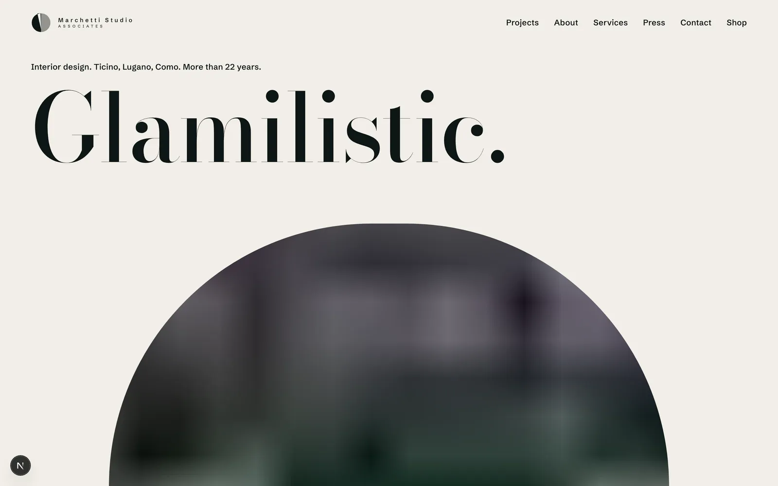 Marchetti Studio services page: a large serif headline reading What working with the studio includes, a paragraph of studio description, and a hairline ledger beneath.