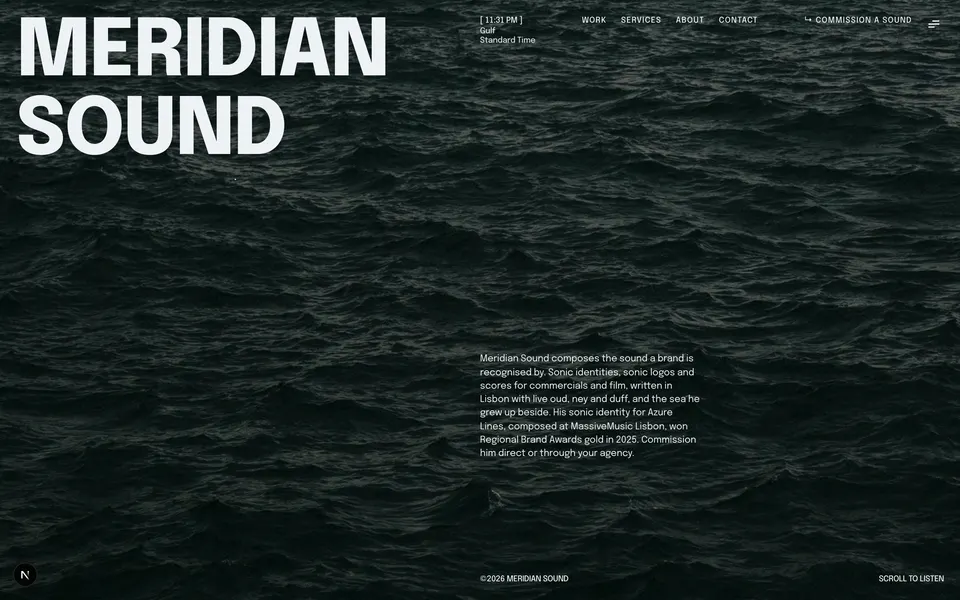 Meridian Sound homepage: a full-width waveform film under a serif headline, followed by a hairline ledger of ten compositions with inline audio players.