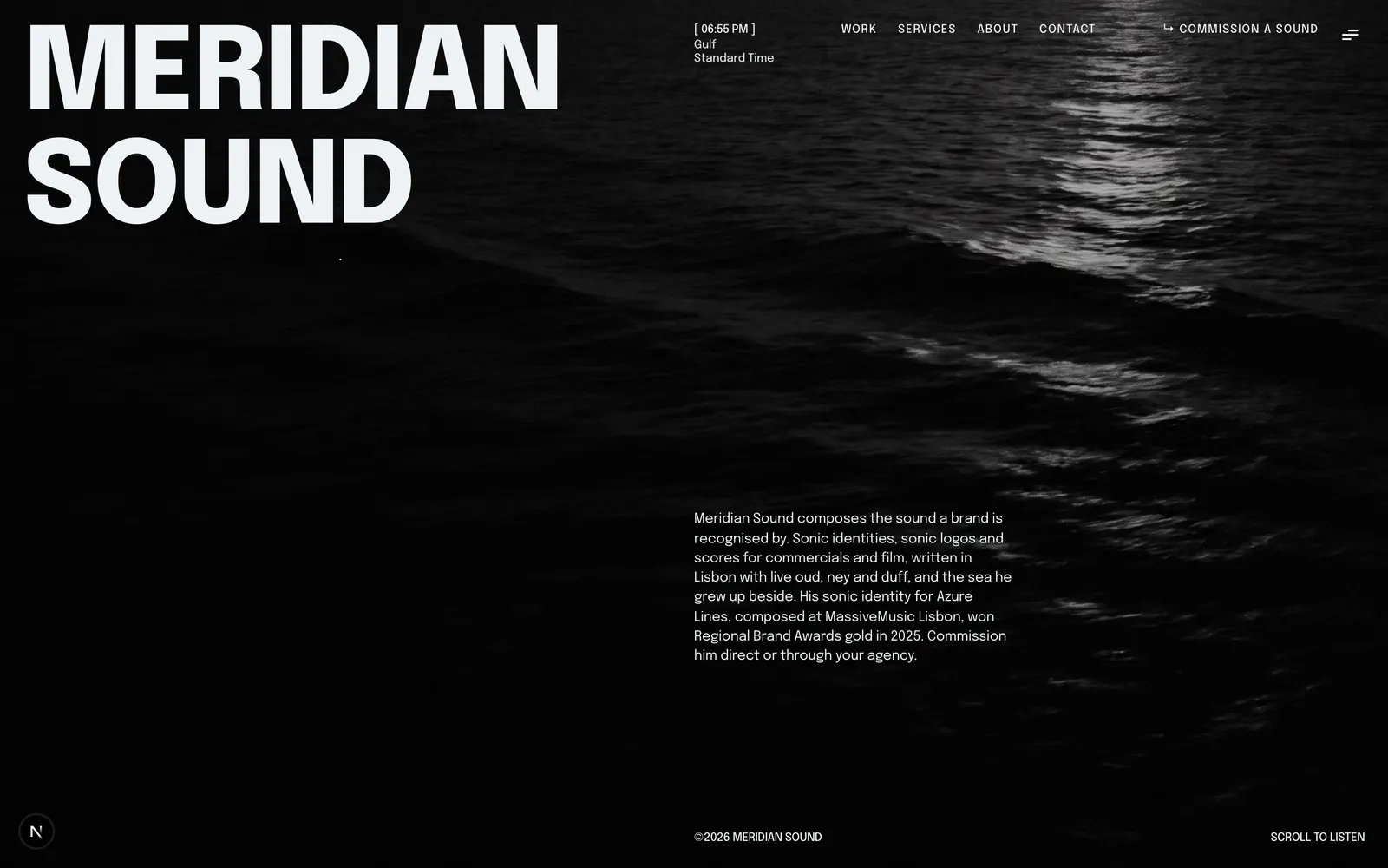 Meridian Sound homepage: a full-width waveform film under a serif headline, followed by a hairline ledger of ten compositions with inline audio players.
