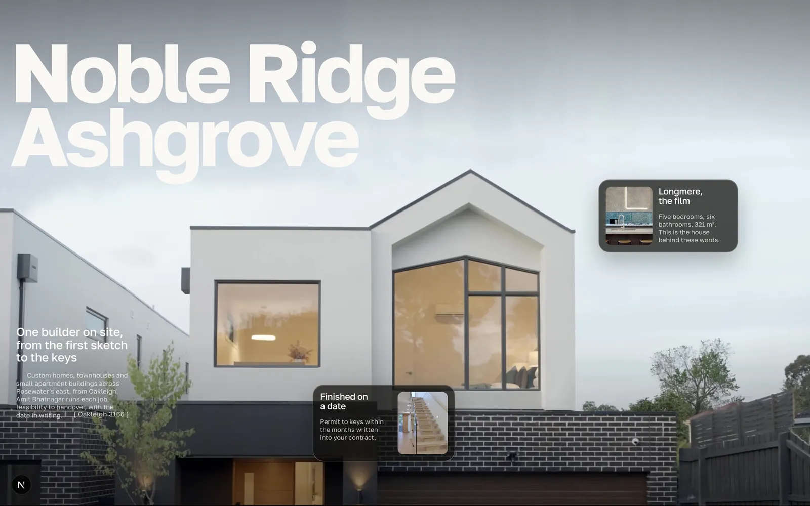 Noble Ridge Homes homepage: a single completed brick house photographed full bleed under a clear sky, with the phone number set as the one solid button in the navigation.