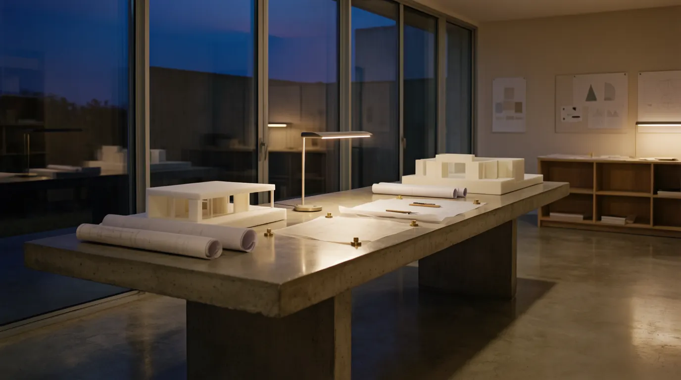 Empty architecture studio at dusk with a concrete worktable, rolled drawings and a foam study model