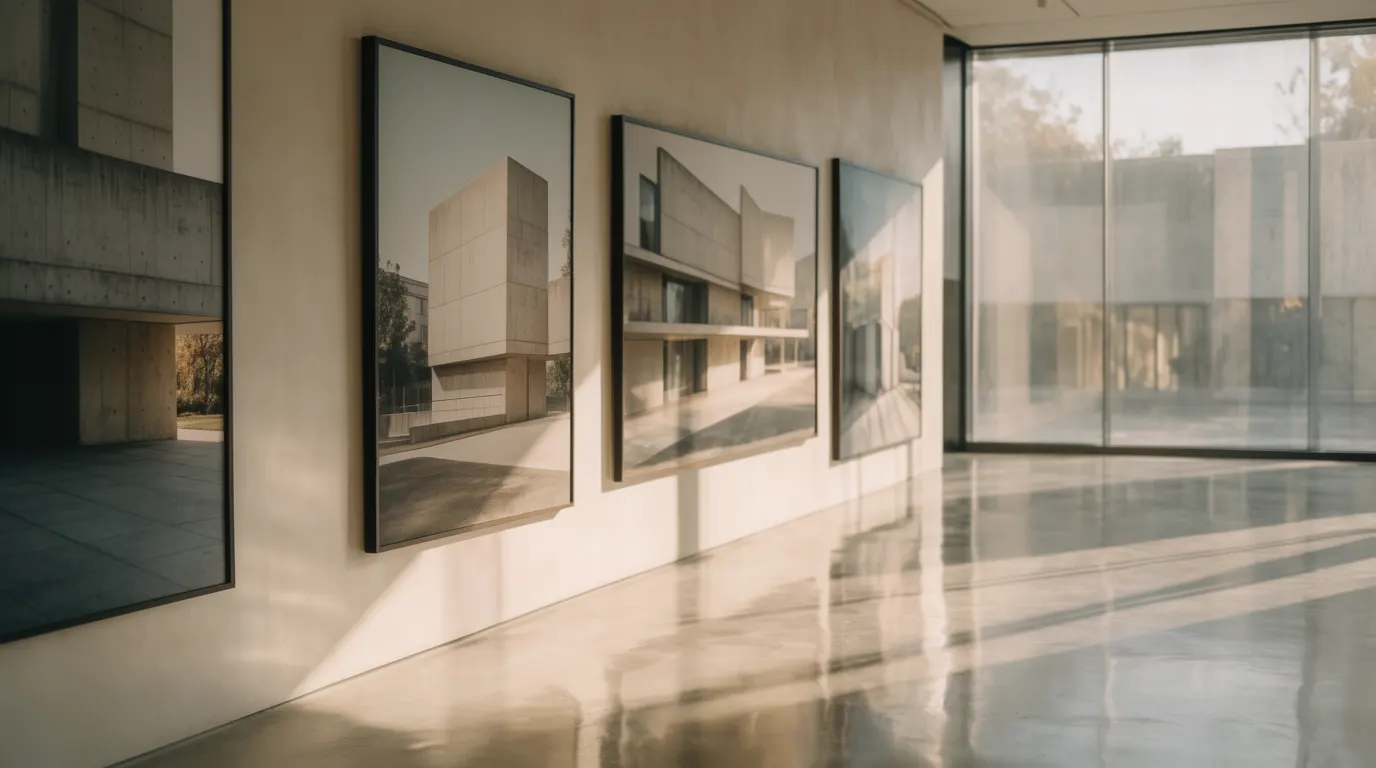 Large architectural photographs hung on a pale gallery wall in daylight, with a polished concrete floor