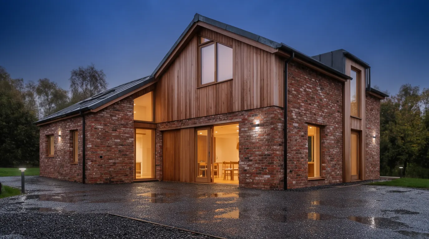 Newly finished timber and brick family home photographed at dusk with warm interior lighting