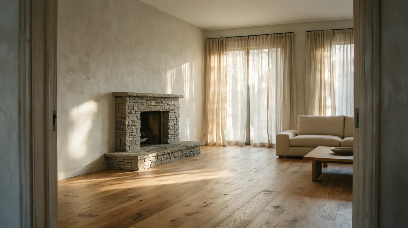 Sunlit living room photographed from the doorway with plaster walls, oak floor and a stone fireplace