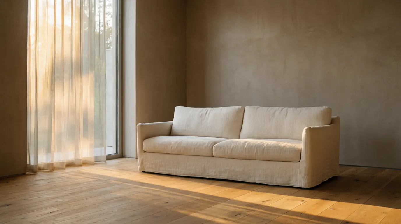 Sunlit living room with plaster walls, linen sofa and oak floor, shot as an editorial interiors photograph