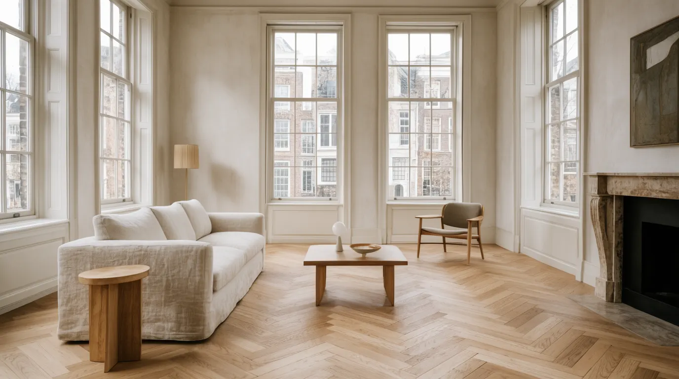 Sunlit canal-house living room with tall windows and herringbone floor, empty of people