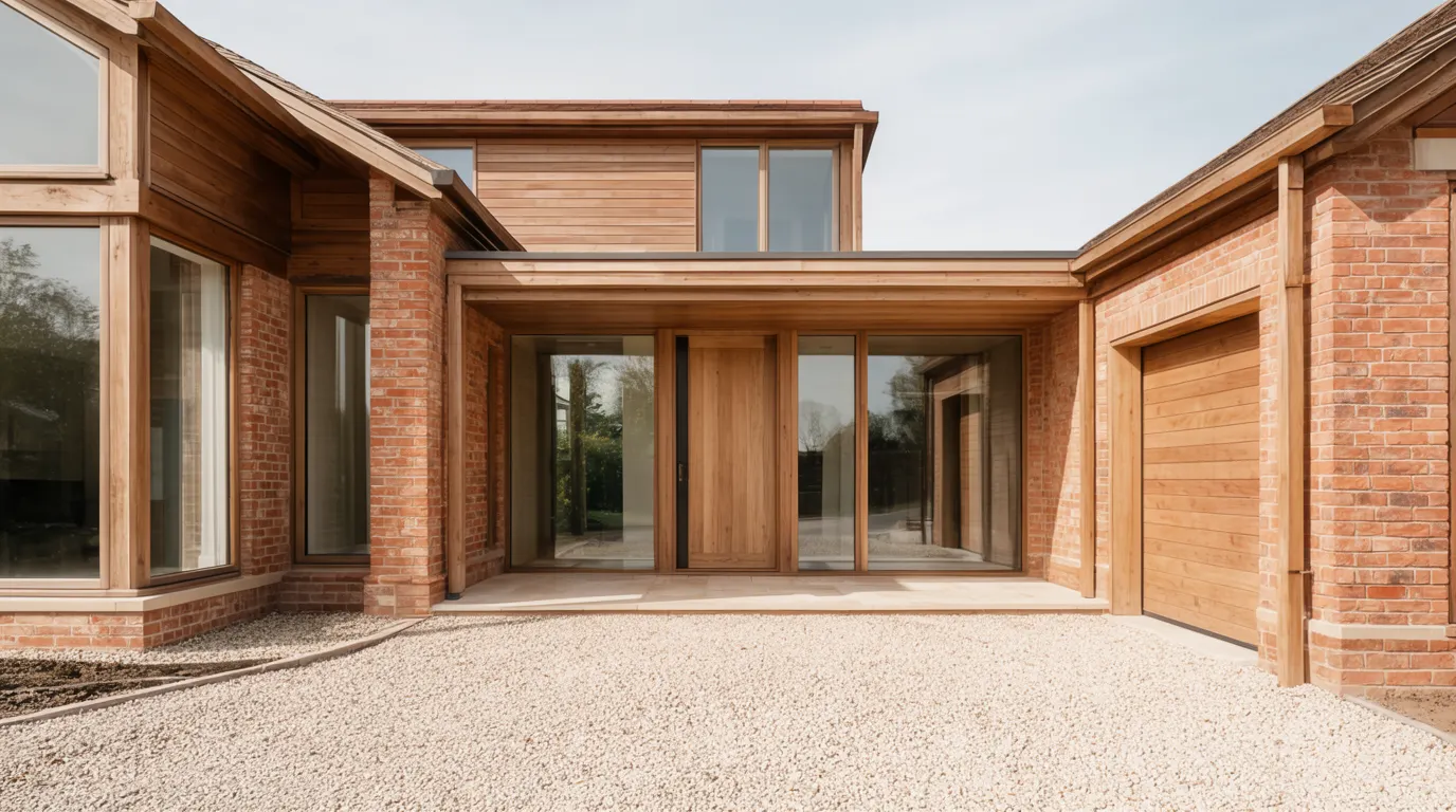 Newly finished contemporary brick and timber house photographed in daylight from the driveway