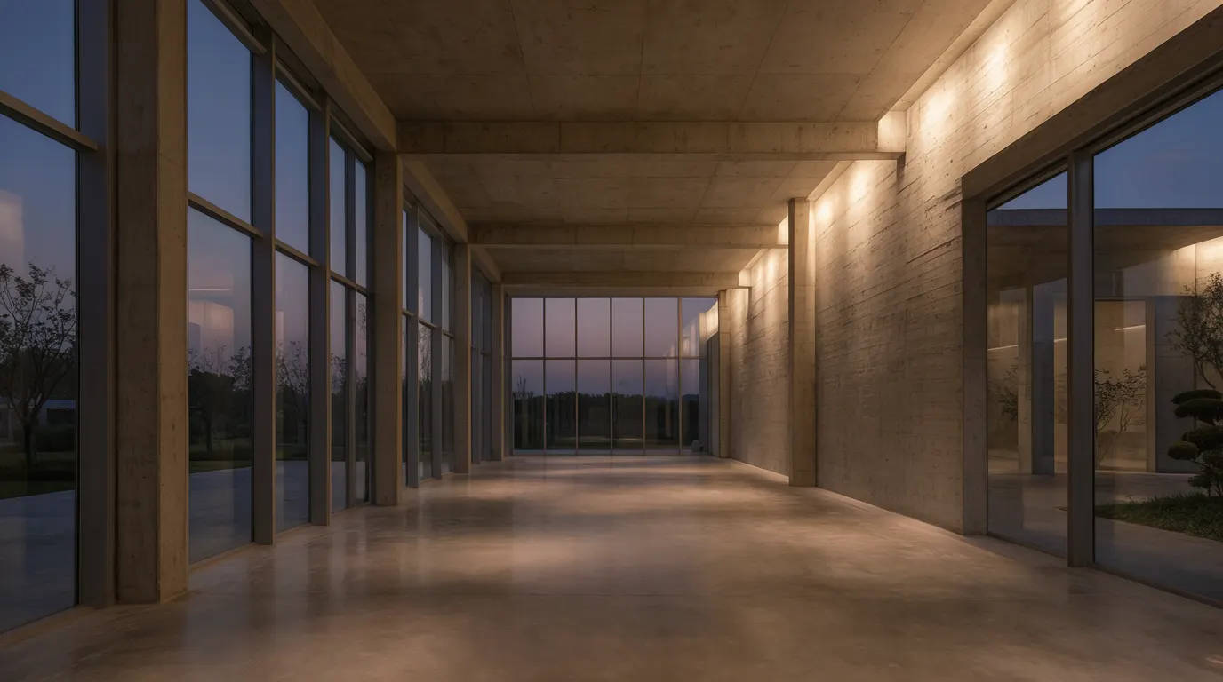Concrete and glass gallery interior at dusk, lit from within, shot full width in an editorial style